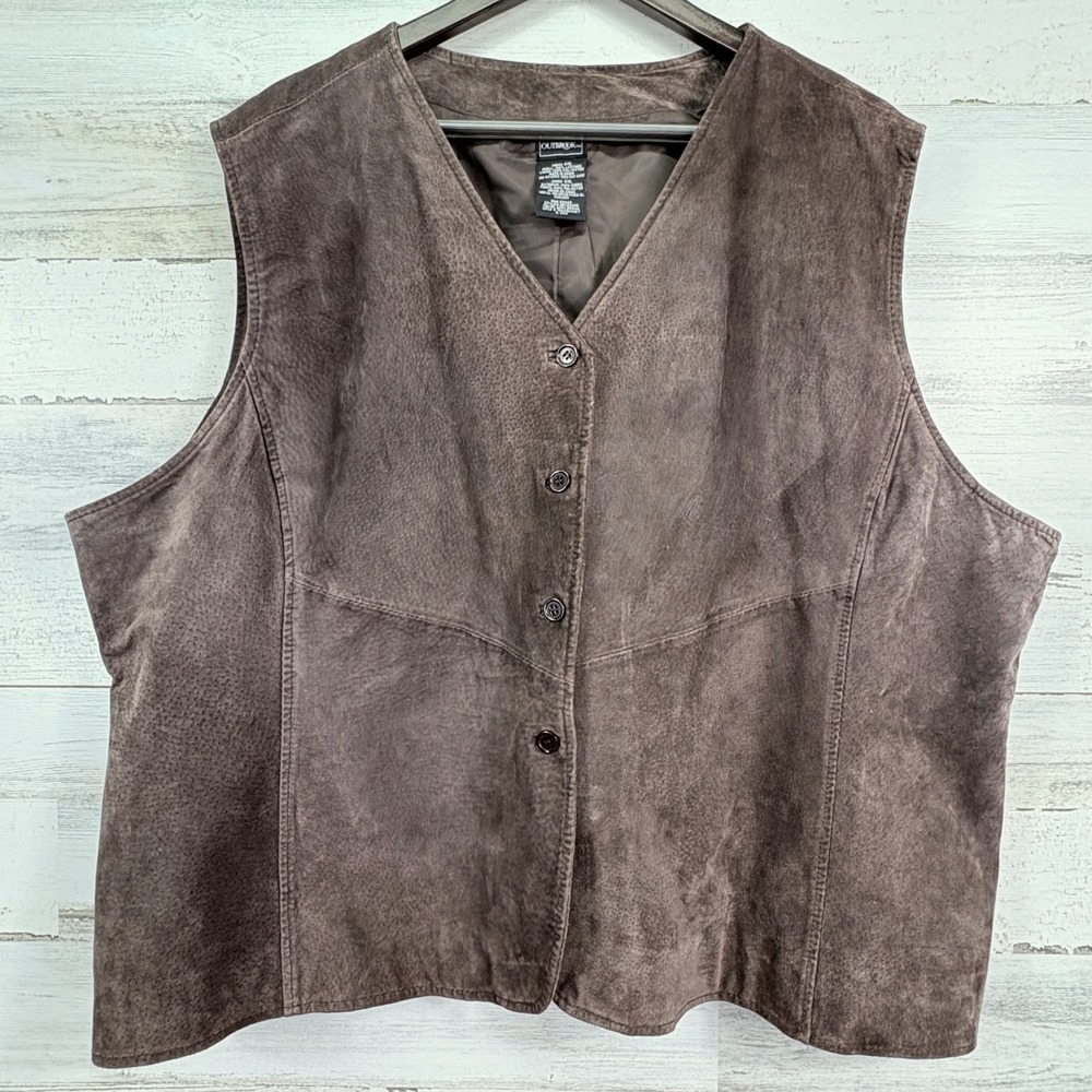 Outbrook‎ Brown Suede Leather Vest Women's 4XL V Neck Button Front Sleeveless